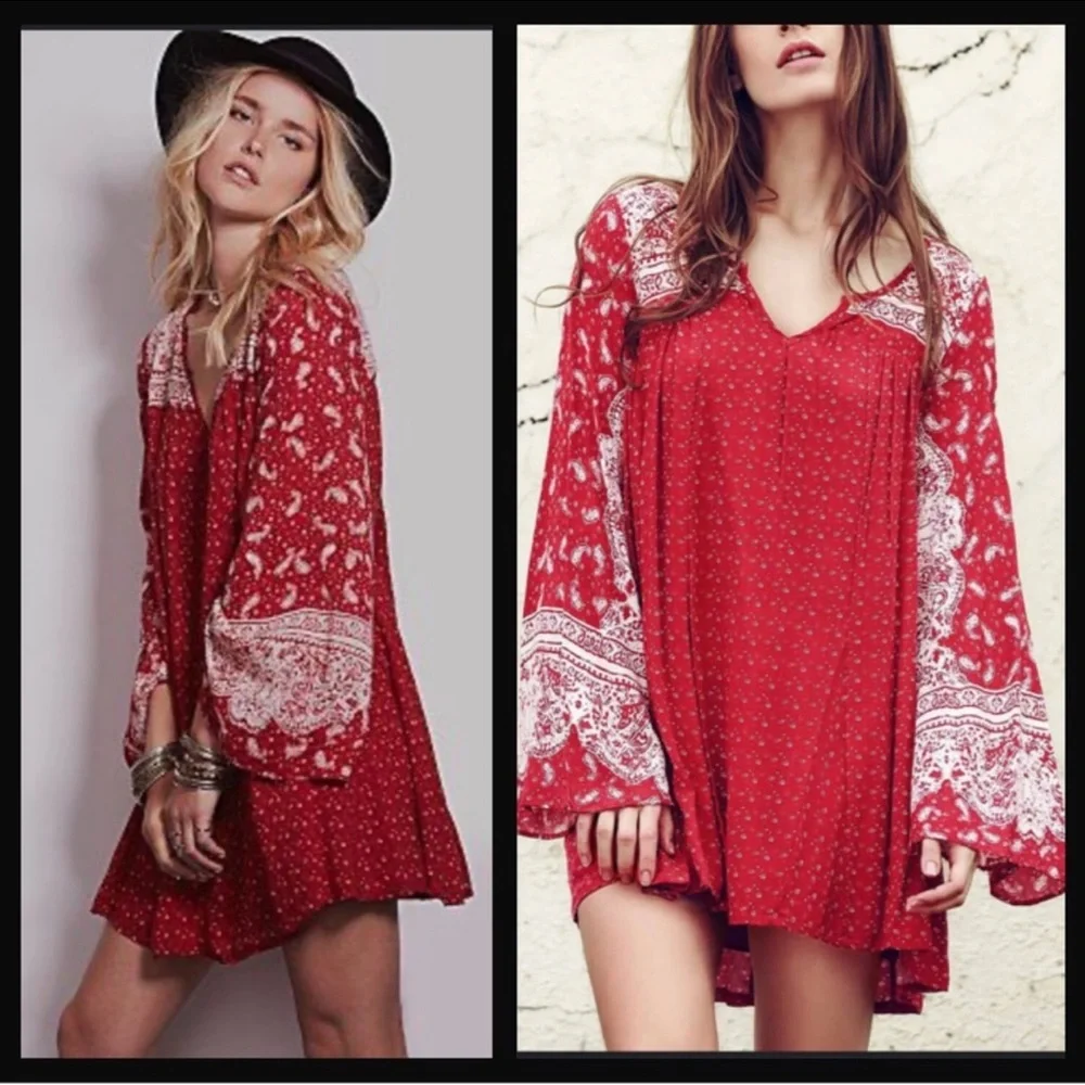FREE PEOPLE Red Paisley Bell Sleeve Mixed Print Tunic Dress Size S Boho Festival - Picture 1 of 6